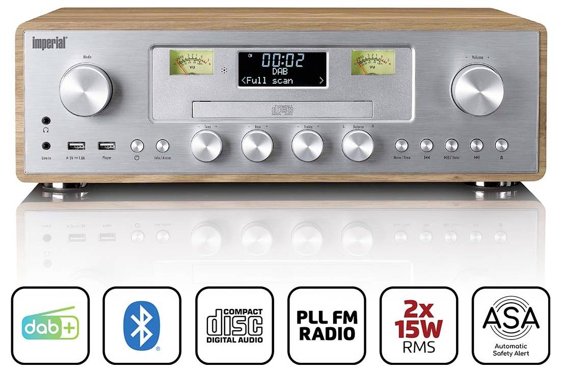 Stereofonní přijímač v retro stylu s dřevěným pouzdrem, s DAB+, Bluetooth, CD, PLL FM Rádiem a duálním výstupem 15W RMS.