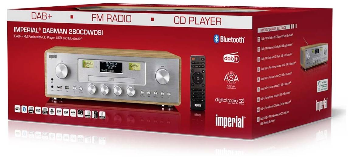 Krabice produktu pro rádio Imperial Dabman 280CD DAB+/FM s přehrávačem CD. Obsahuje Bluetooth, dálkové ovládání a podporu ASA.