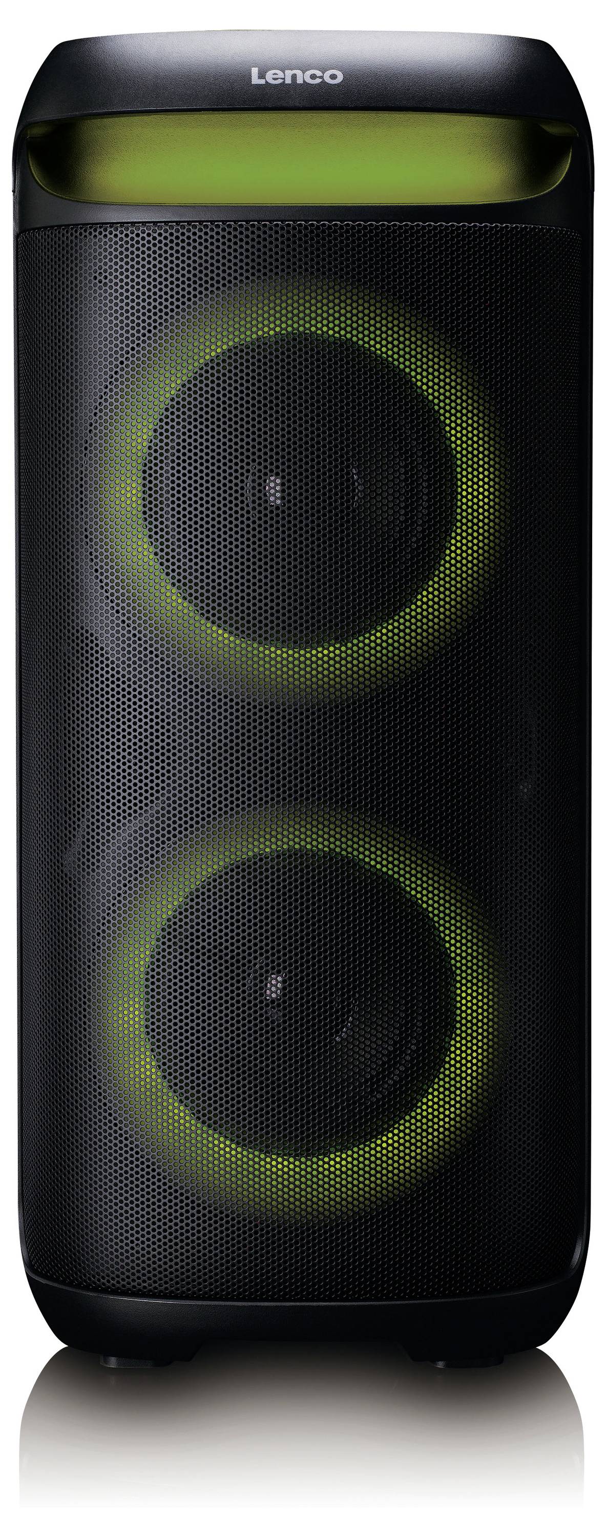 Černý Bluetooth reproduktor se dvěma velkými kruhovými ovladači se zeleným osvětlením.