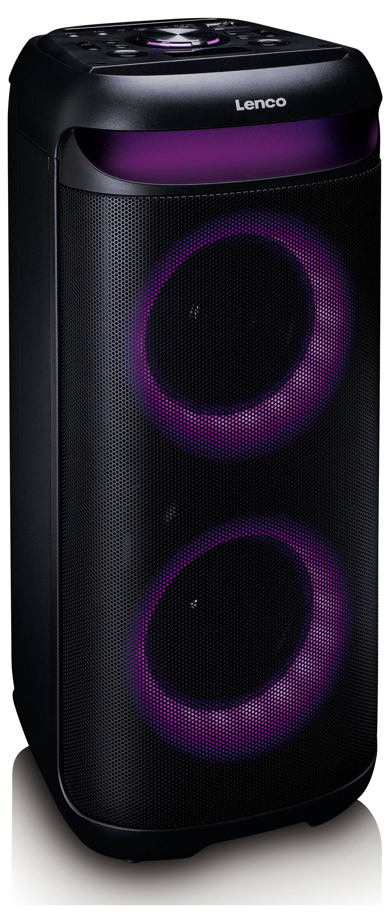 Černý přenosný reproduktor se dvěma kruhovými fialovými LED světelnými kroužky, navržený pro domácí audio zábavu.