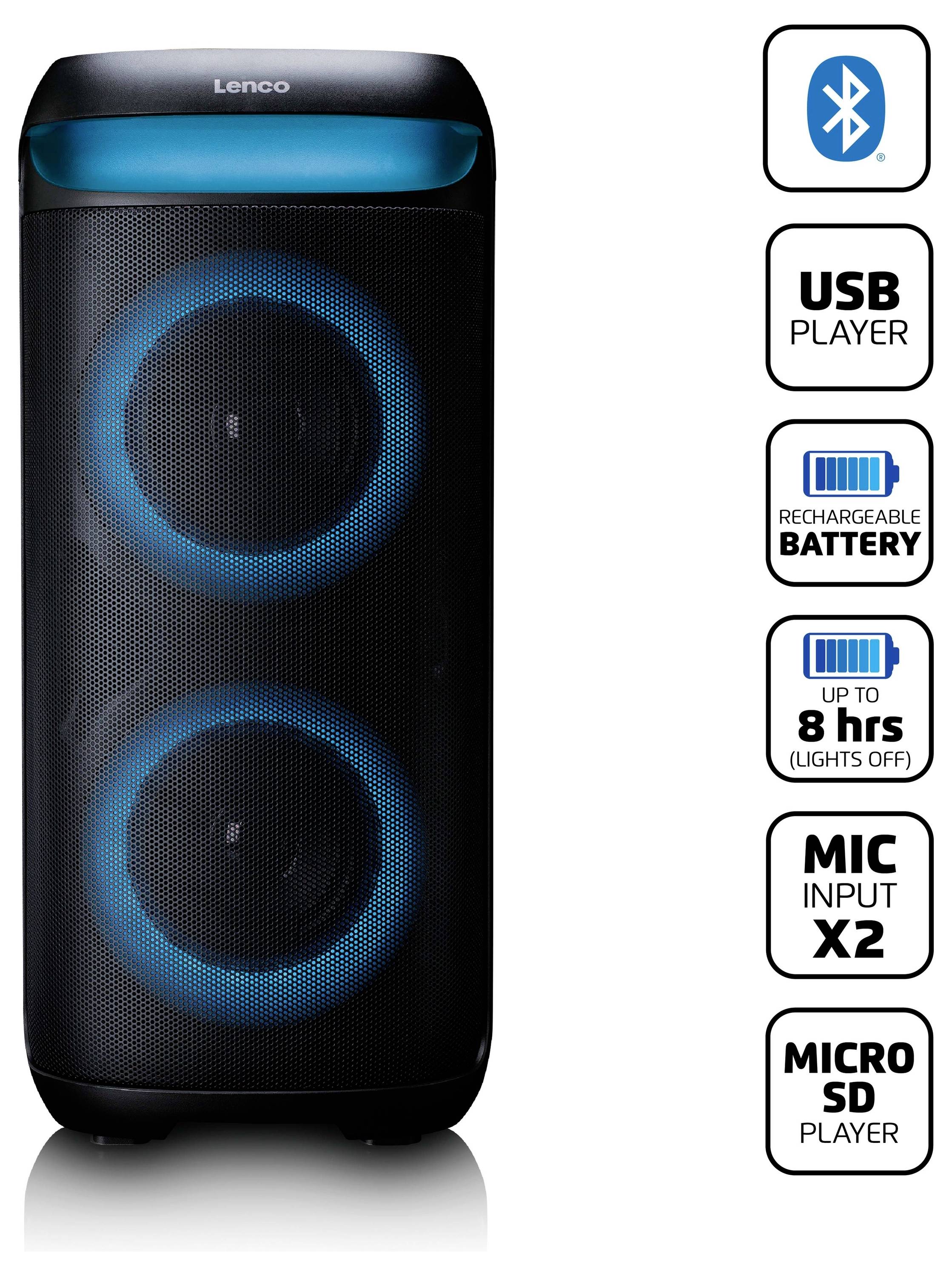 'Reproduktor Bluetooth, přehrávač USB a Micro SD, nabíjecí baterie až na 8 hodin, duální mikrofonní vstupy' zobrazeno vedle obrázku reproduktoru.