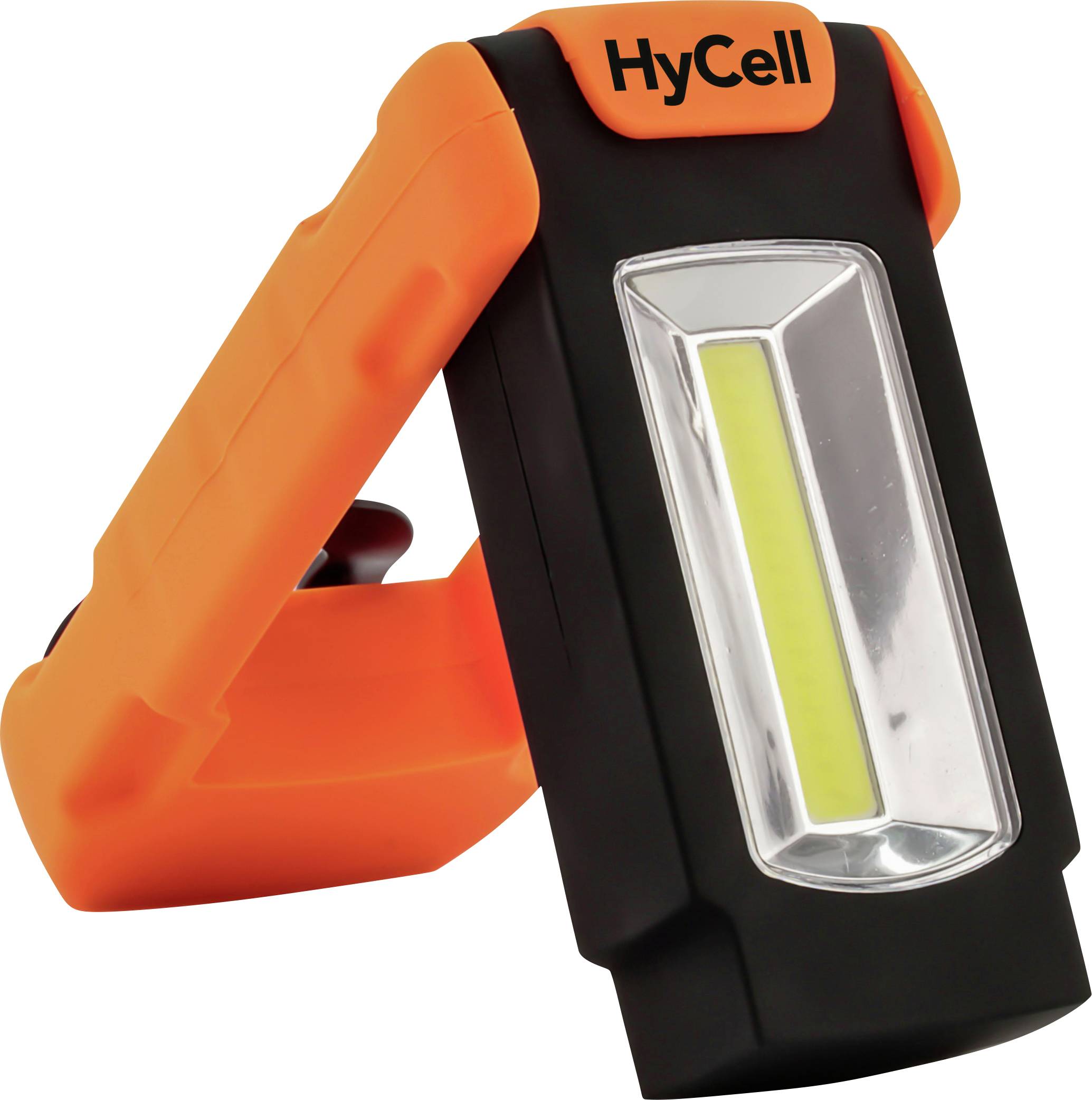 Oranžová a černá přenosná LED pracovní lampa HyCell s otočným madlem a přední světelným panelem na bílém pozadí