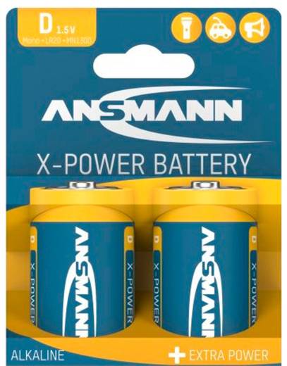Balení dvou alkalických baterií Ansmann X-Power D, 1,5V, značené „Extra Power"