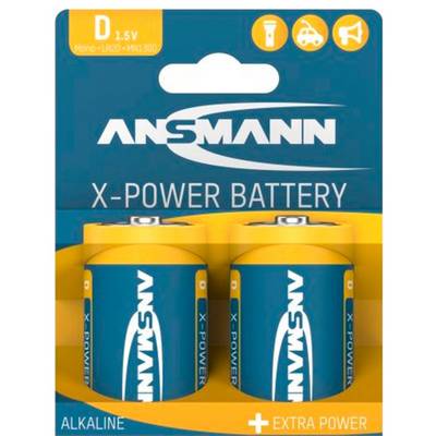 Balení dvou alkalických baterií Ansmann X-Power D, 1,5V, značené „Extra Power"