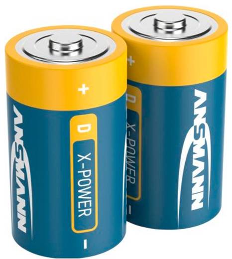Dvě modro-žluté baterie Wansamni D X-Power stojící vzpřímeně a ukazující kladné a záporné póly.