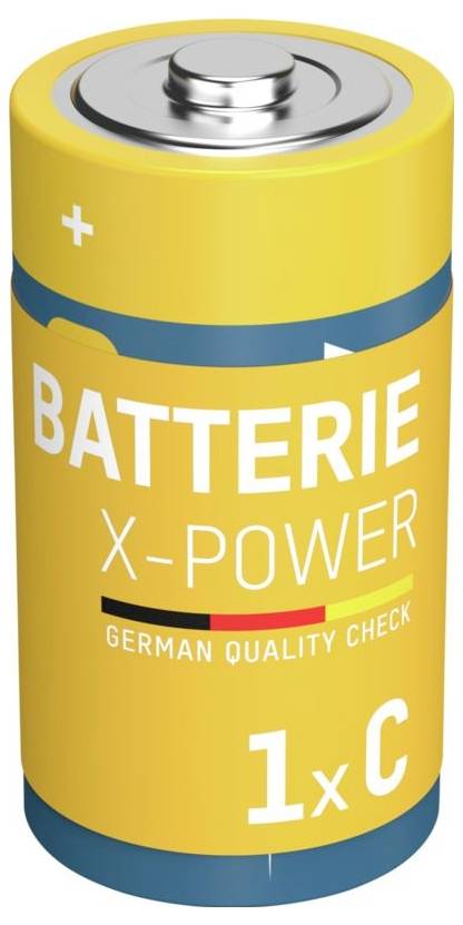 Žlutá baterie X-POWER s označením 'Batterie X-POWER', 'German Quality Check' a '1x C'