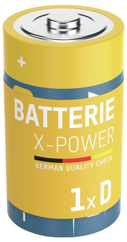 Žlutá baterie velikosti D označená "BATTERIE X-POWER" s nápisem "GERMAN QUALITY CHECK" a "1xD" na přední straně