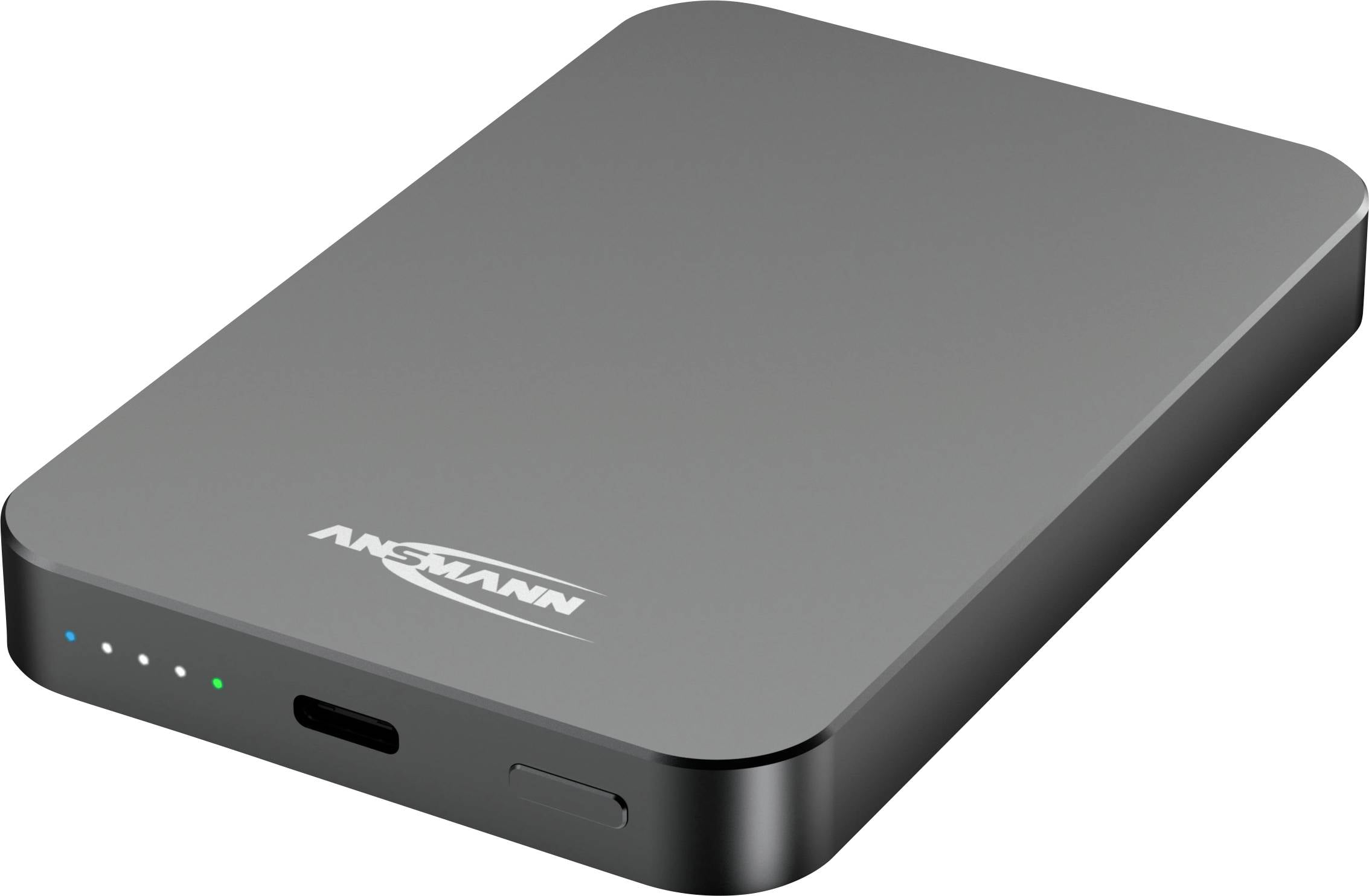 Přenosný externí pevný disk s indikátory stavu a portem USB-C na přední straně.