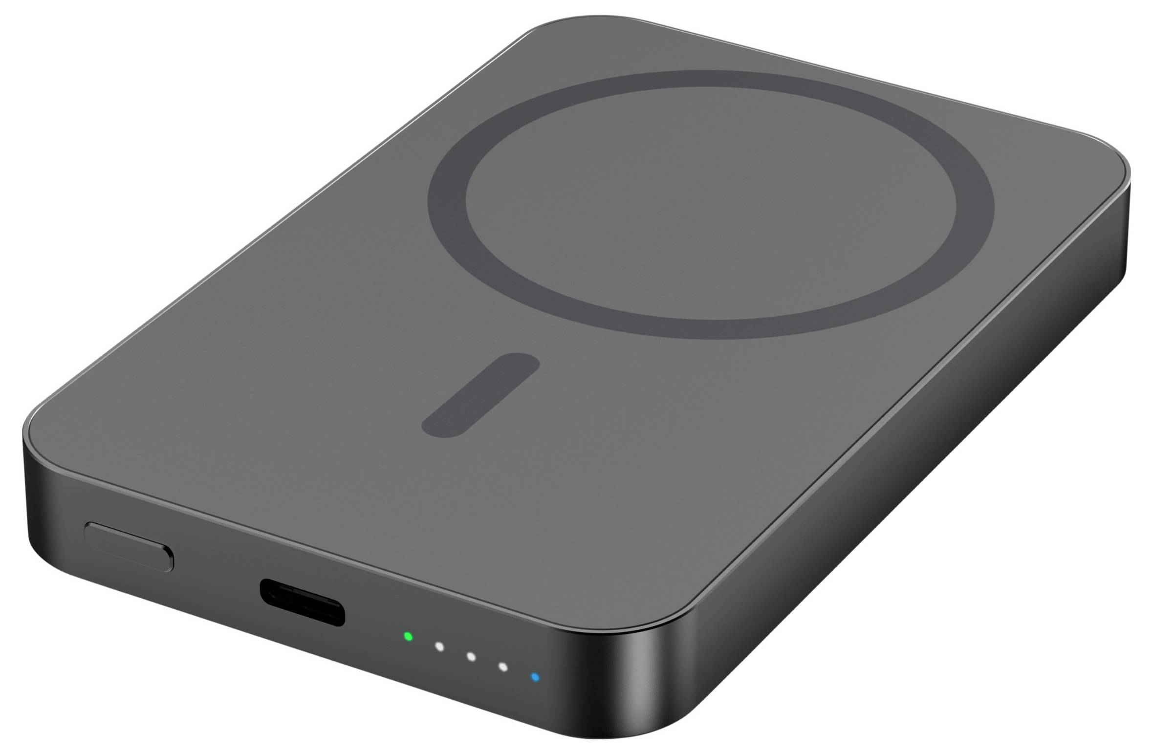 Přenosná bezdrátová nabíječka s kruhovou nabíjecí plochou, portem USB-C a malými LED indikátory stavu na předním okraji.
