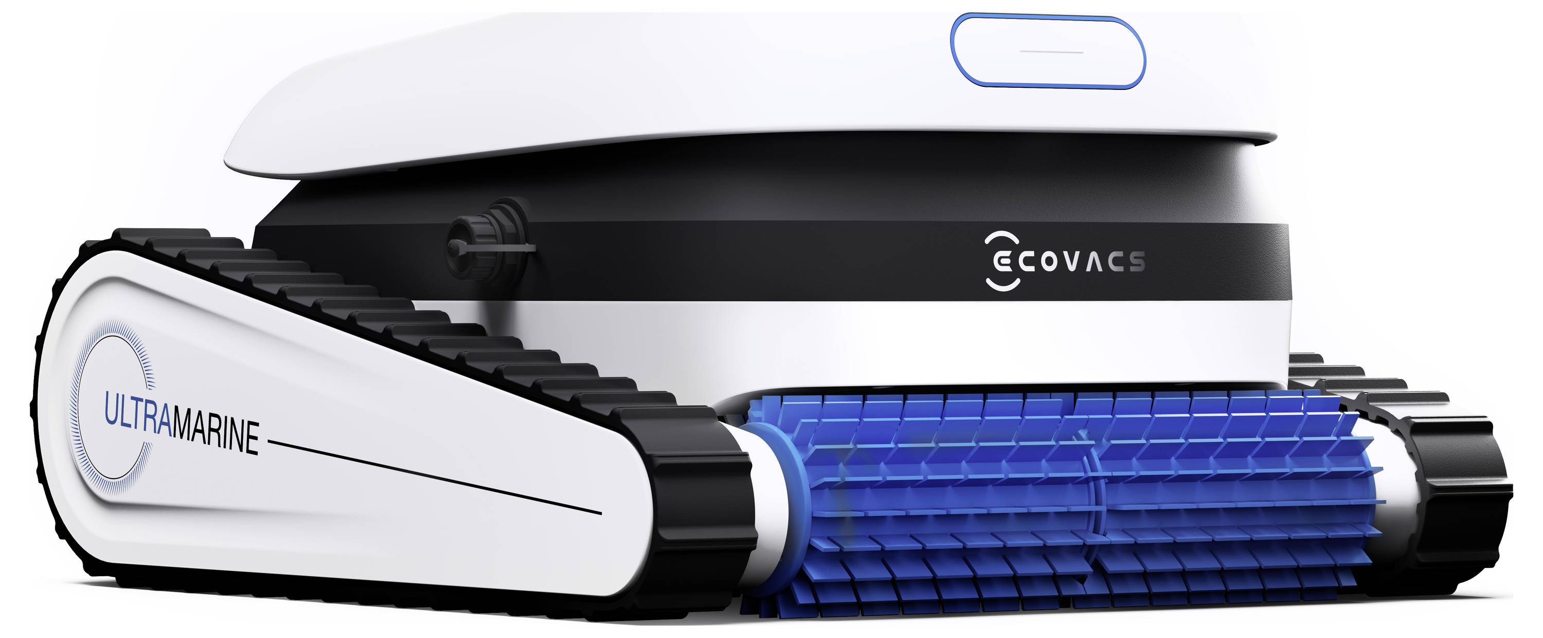 Robotický čistič bazénu s bílým a černým tělem, označený "Ecovacs" a "Ultramarine", je vybaven kompaktními pásovými pohony a spodní stranou s modrým kartáčem.