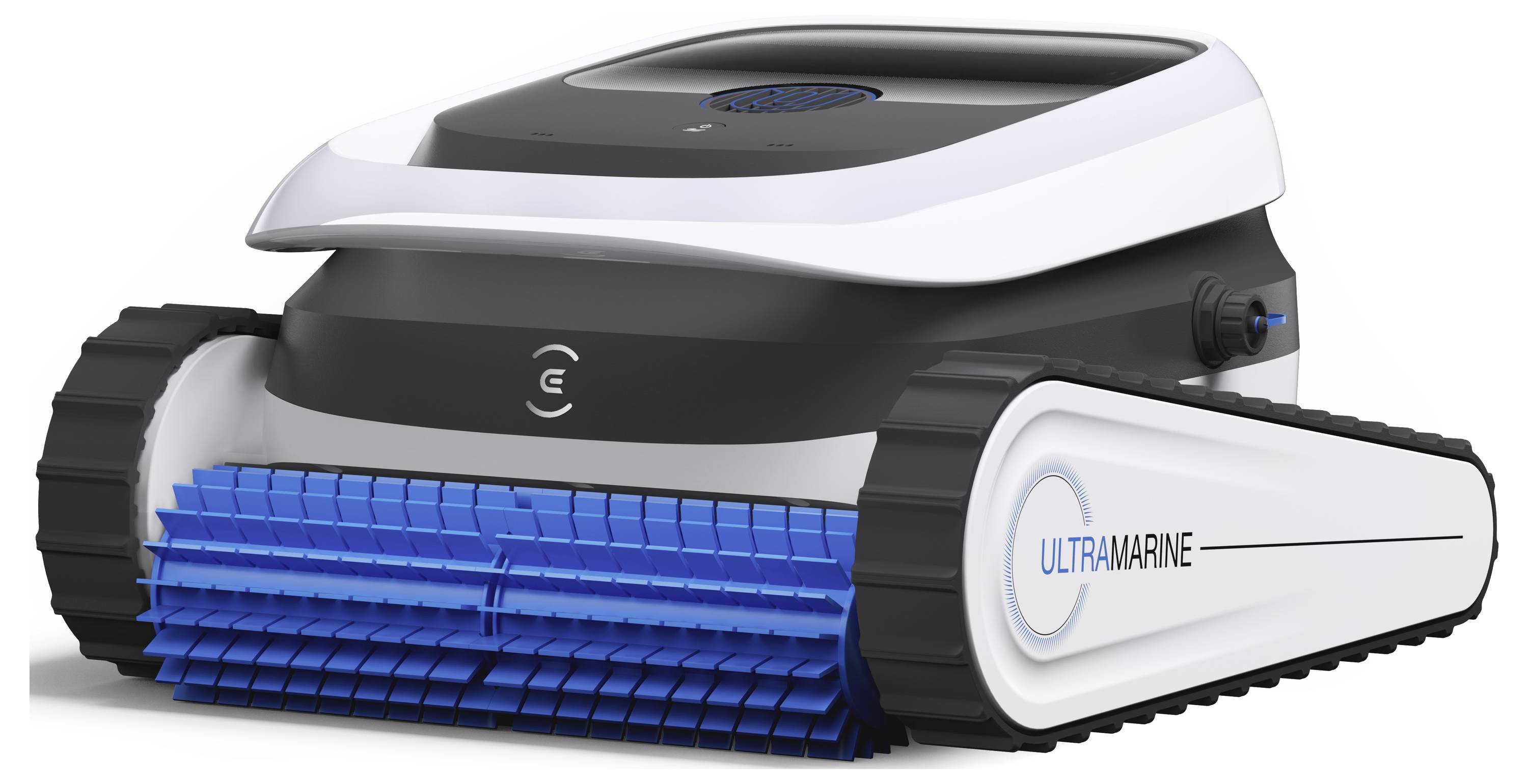 Robot na čištění bazénů s modrými kartáči a pásy jako housenka, značka 'Ultramarine'. Navržen pro efektivní podvodní čištění.