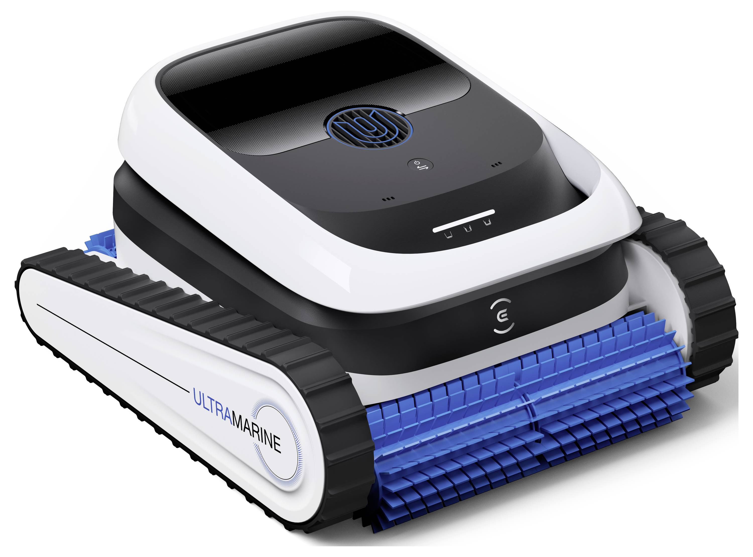 Bílý a černý robotický čistič bazénu s modrými kartáči označenými „ULTRAMARINE", navržený pro automatizovanou údržbu bazénu.