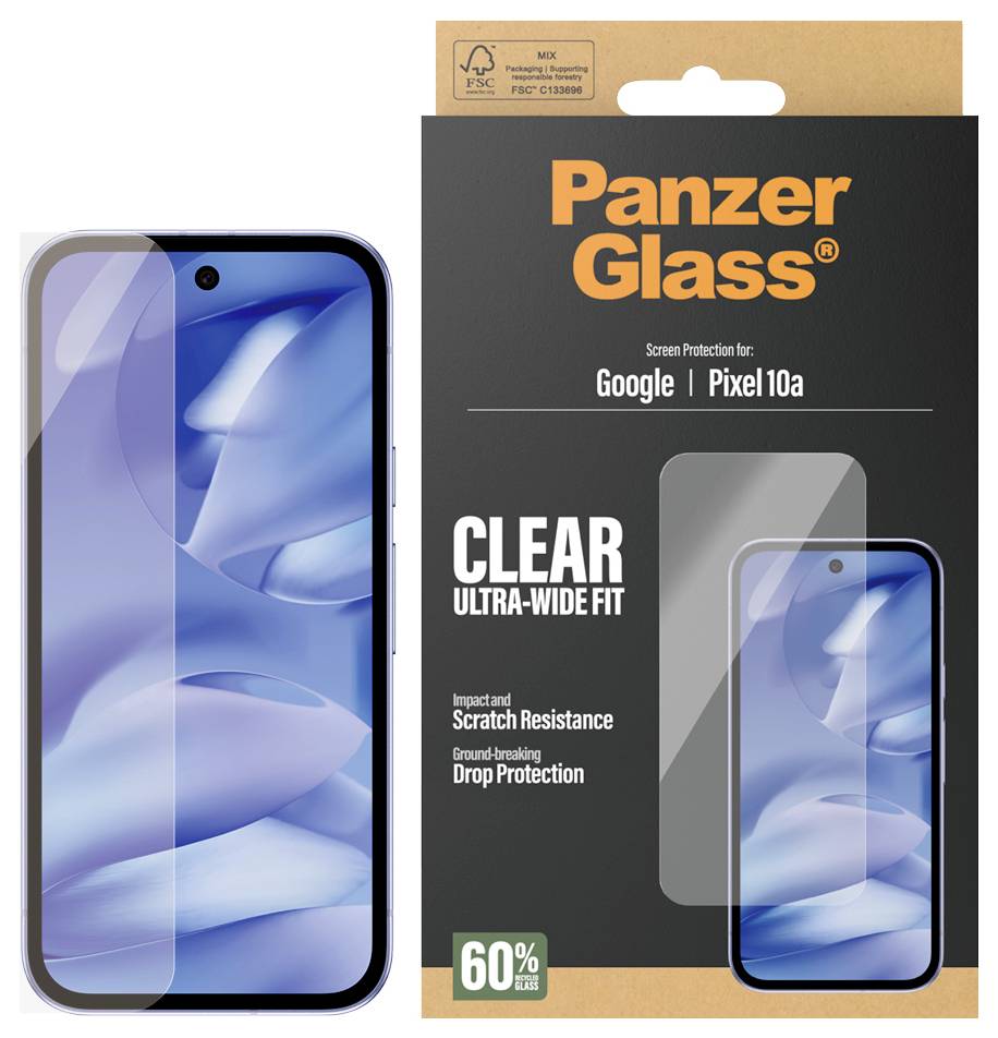 Ochranné sklo Panzer Glass pro Google Pixel 10a s jasným ultraširokoúhlým krytím, které poskytuje ochranu před nárazy, poškrábáním a pádem.
