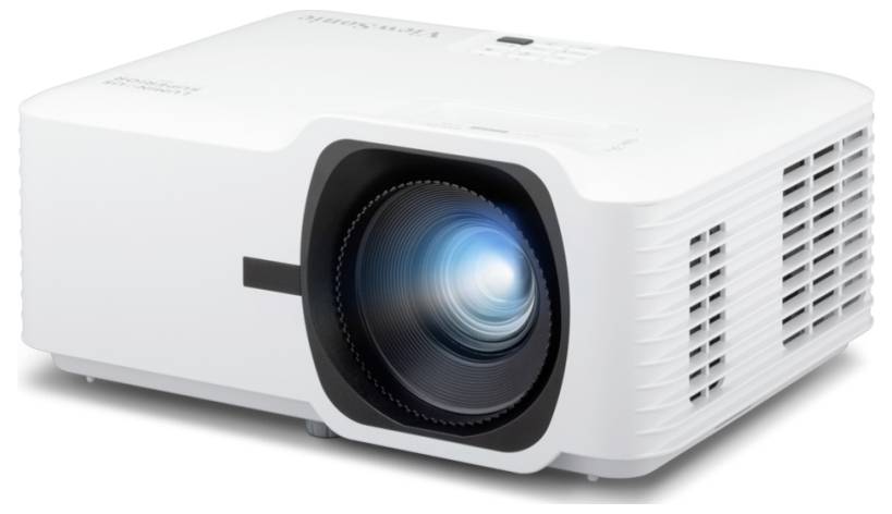 Bílý multimediální projektor s velkým objektivem na přední straně, určený pro kancelářské nebo domácí kino.