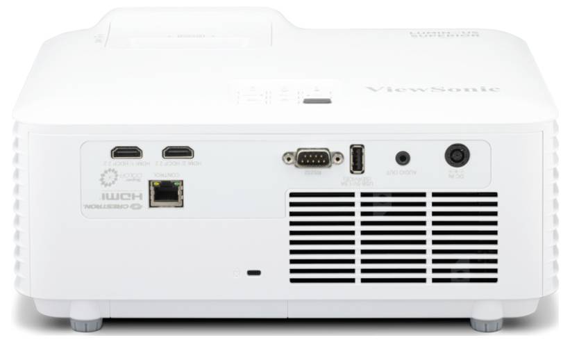 Obrázek ukazuje zadní pohled na bílý projektor ViewSonic s porty HDMI, VGA, USB, LAN a konektorem napájení.