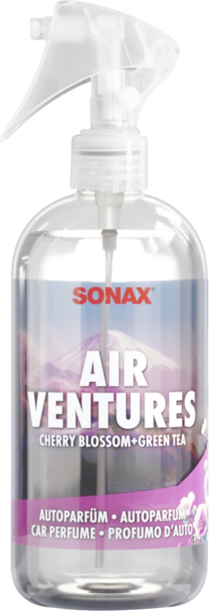 SONAX Air Ventures automobilní parfém ve spreji, vůně Třešňový květ + Zelený čaj, čirá kapalina v transparentní lahvici s bílým spouštěcím rozpraším.