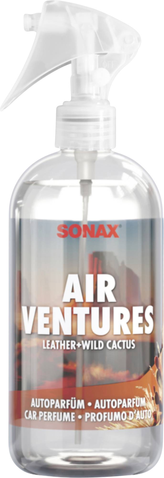 Sprej do auta SONAX Air Ventures, vůně „Leather + Wild Cactus", s čirým obsahem v průhledné nádobě.