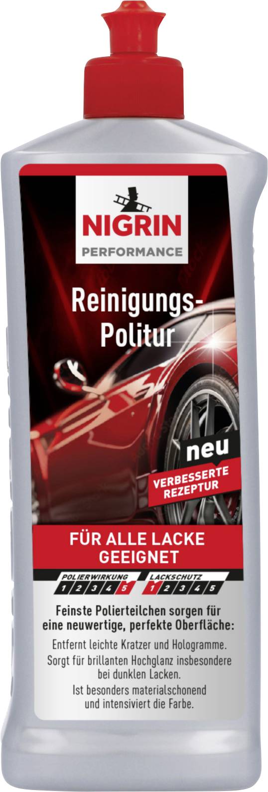 Láhev autolaku NIGRIN Performance 'Reinigungs-Politur', která je označena jako nová vylepšená formule pro všechny typy nátěru.