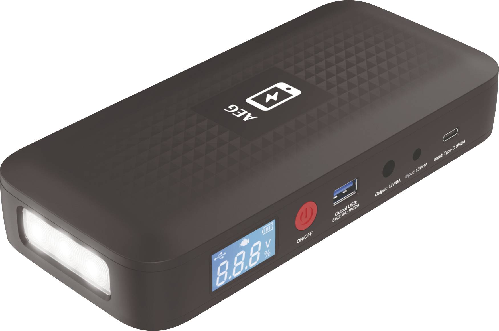 Přenosný startovací zdroj energie s vestavěnou svítilnou, digitálním displejem baterie, portem USB a červeným tlačítkem napájení na černém pouzdře.