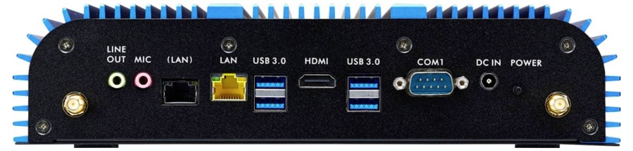 Přední panel audio/video zařízení s označenými porty: VÝSTUP LINKY, MIC, LAN, USB 3.0, HDMI, COM1, NAPÁJENÍ SS, a NAPÁJENÍ.