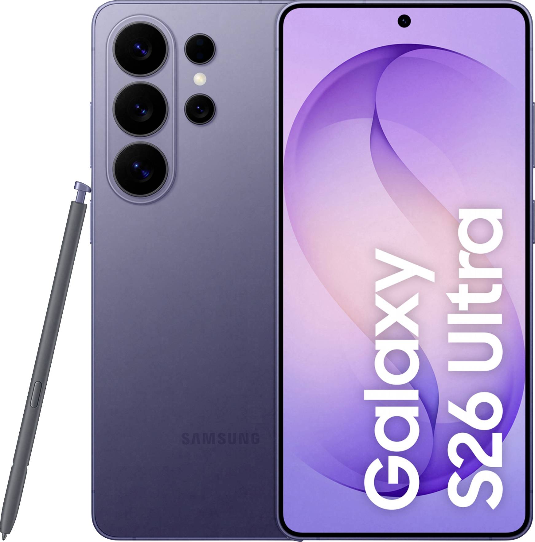 Smartphone Samsung Galaxy S26 Ultra zobrazený zepředu a zezadu v purpurové barvě, s stylus S Pen vedle něj.