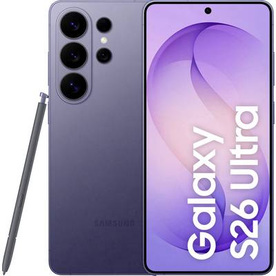 Smartphone Samsung Galaxy S26 Ultra zobrazený zepředu a zezadu v purpurové barvě, s stylus S Pen vedle něj.