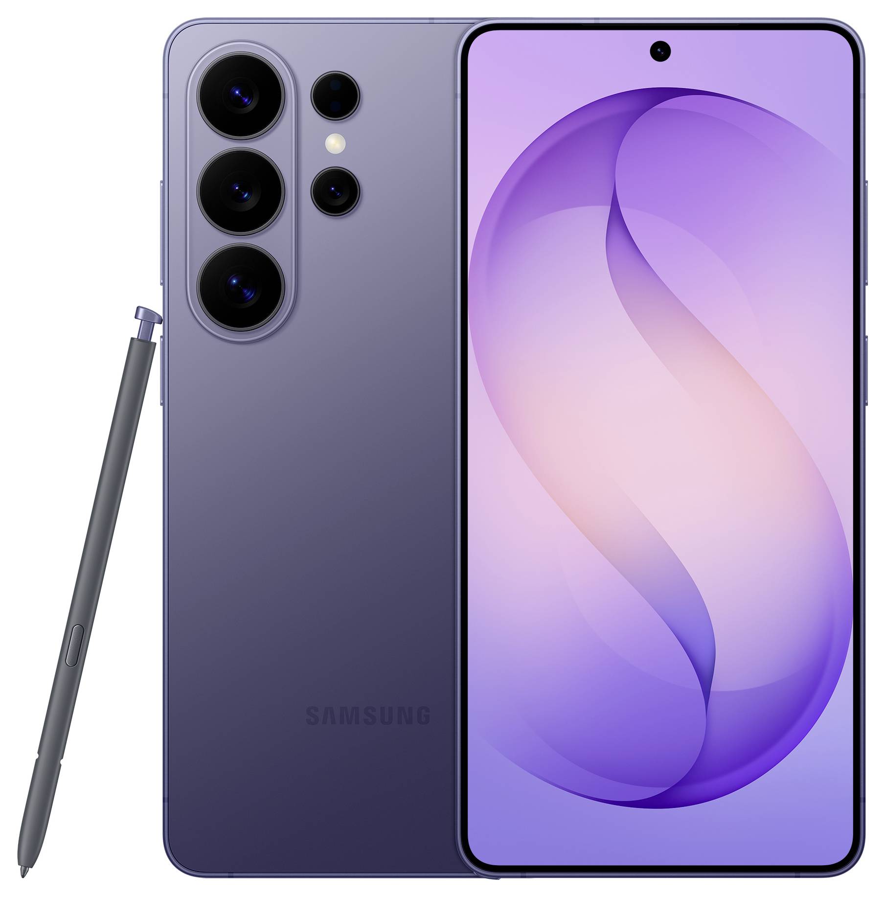 Fialový smartphone se třemi zadními kamerami a stylusem S Pen. Displej zobrazuje fialový abstraktní vzor vírů.