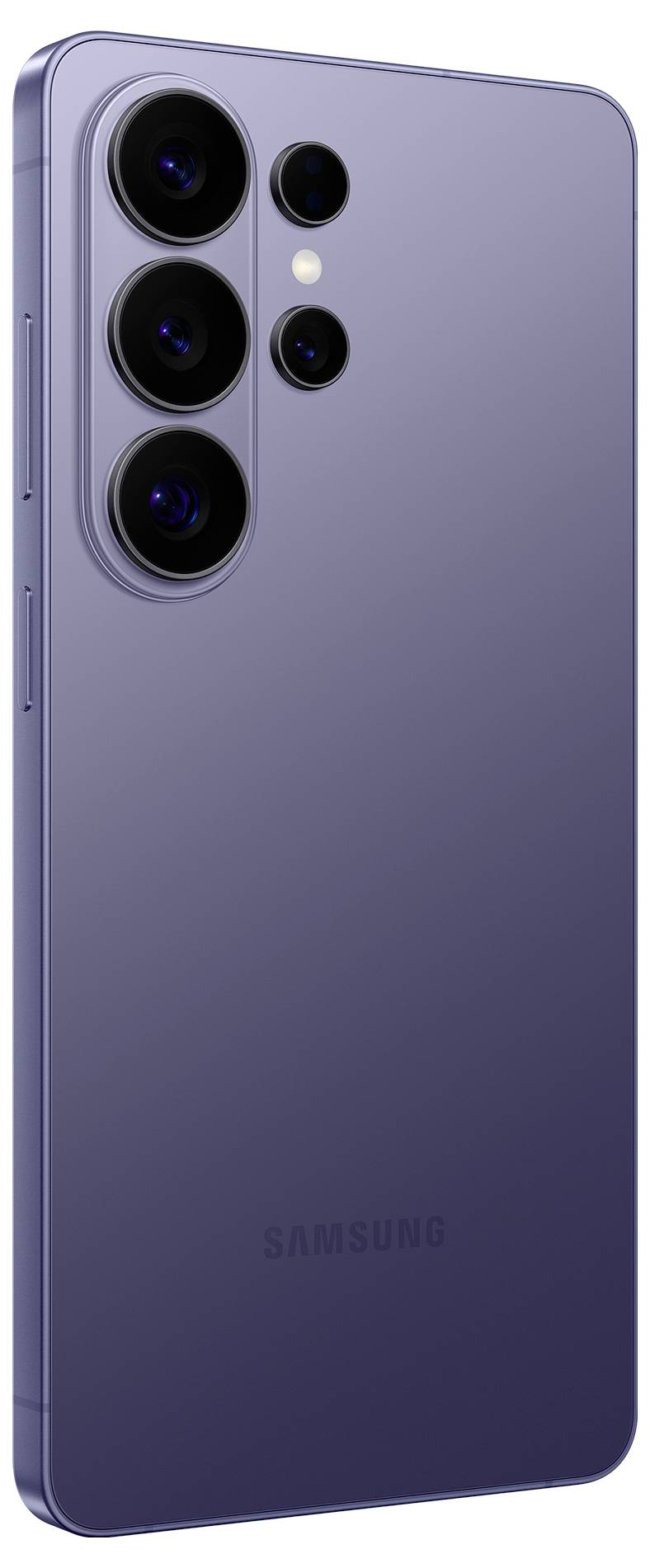 Elegantní smartphone v barvě levandule s více zadními kamerami, umístěný na bílém pozadí.