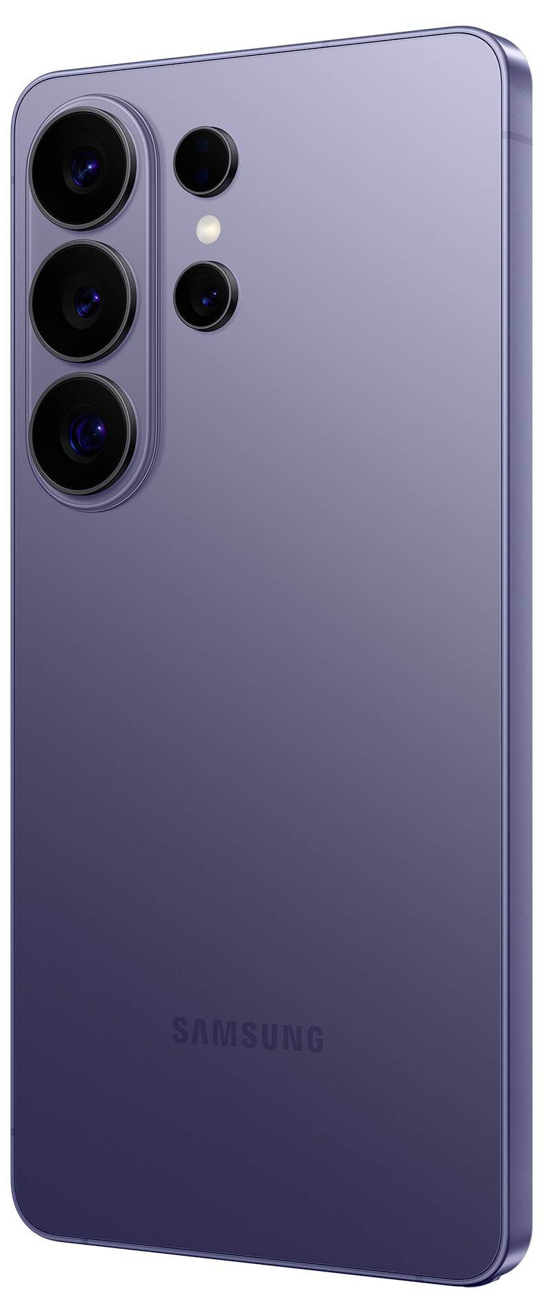 Fialový smartphone se třemi zadními fotoaparáty umístěnými vertikálně a LED bleskem. Na zádech je viditelné značka "Samsung".