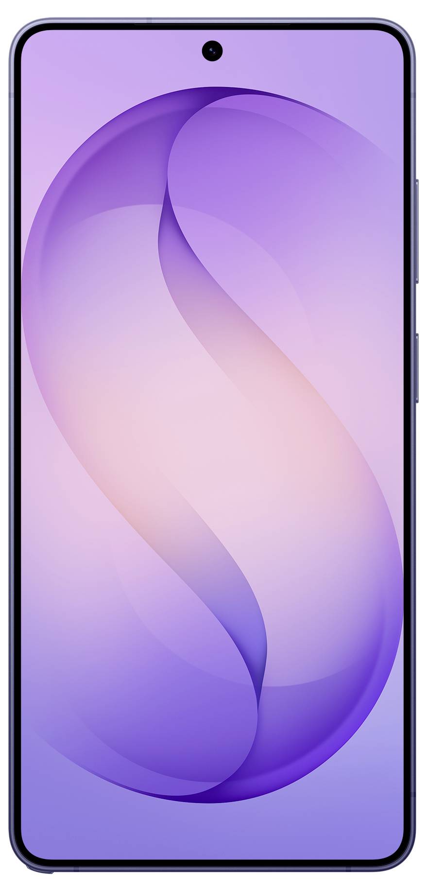 Smartphone s gradientním fialovým a broskevkovým abstraktním designem S na displeji, pohled zepředu, na bílém pozadí.