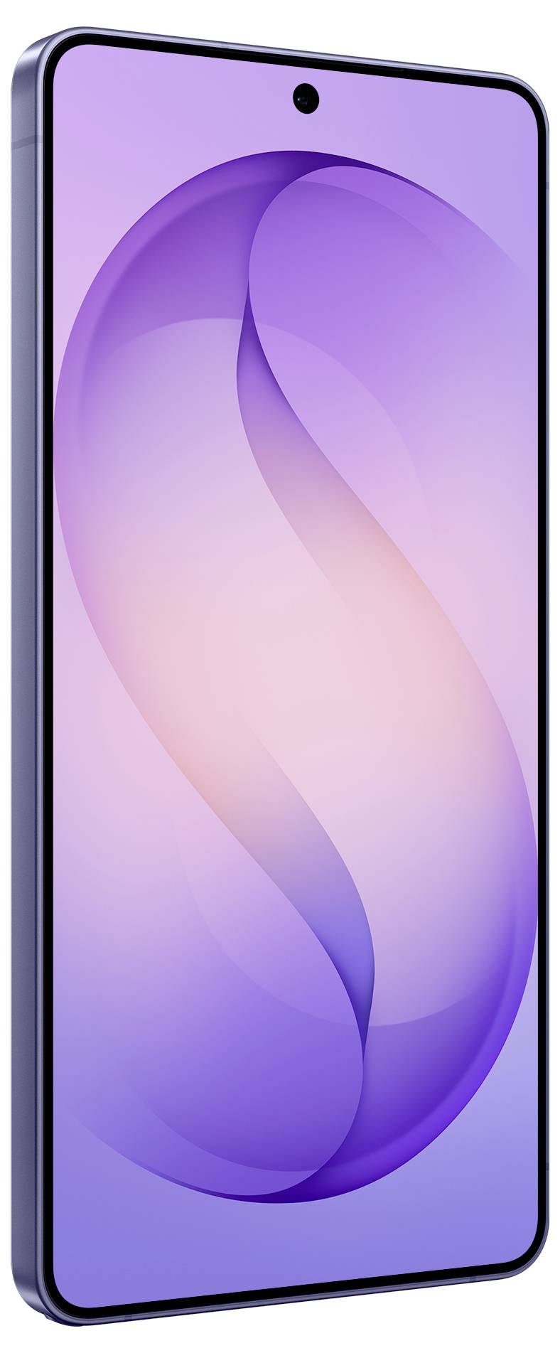 Elegantní chytrý telefon s velkým displejem a minimálními okraji, na jehož obrazovce se zobrazuje abstraktní tapeta v lehké fialové barvě.