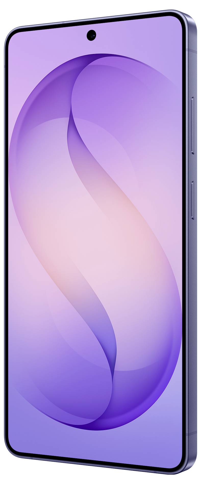 Smartphone s fialově gradientem na obrazovce zobrazujícím abstraktní zakřivené čáry. Telefon má tenké rámečky a oříznutí pro kameru v horním středu.