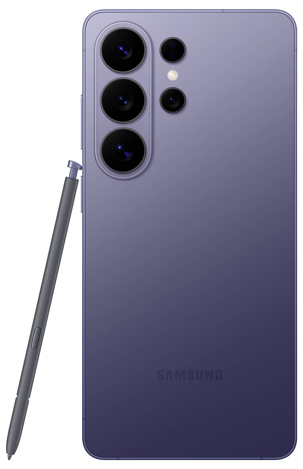 Smartphone Samsung v purpurové barvě se čtyřmi objektivy fotoaparátu a stylusem S Pen umístěným na straně.