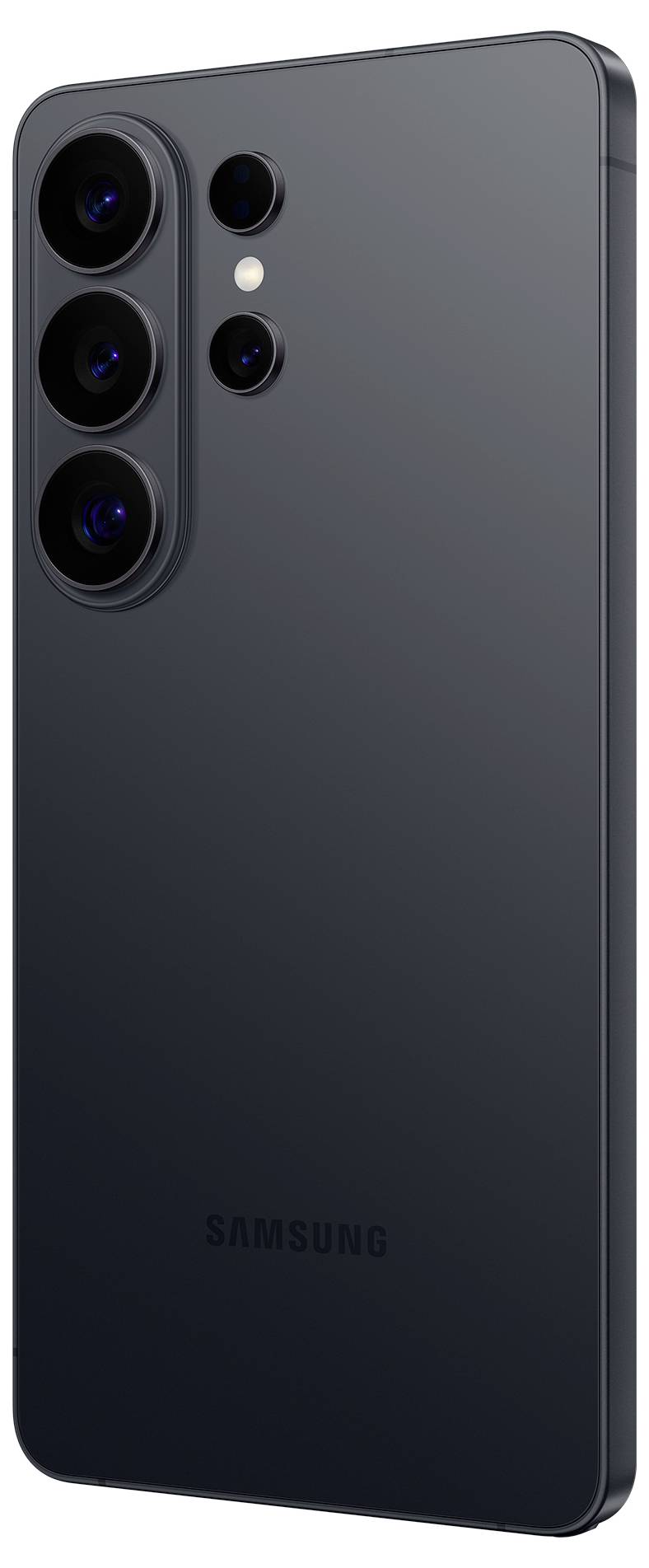 Černý chytrý telefon zobrazující zadní stranu se třemi fotoaparáty a bleskem, vykazující elegantní design s logem značky v dolní části.