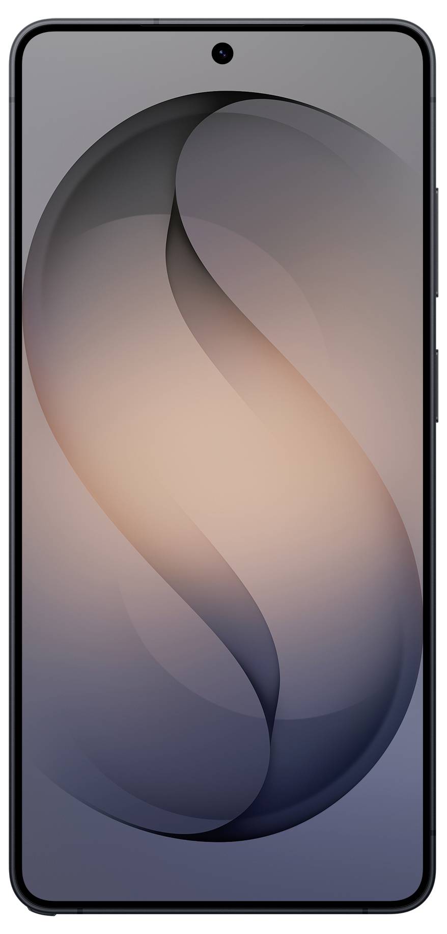 Elegantní smartphone se středovým otvorem pro kameru na displeji s gradientním pozadím, předvádějící abstraktní design ve tvaru písmene 'S'.