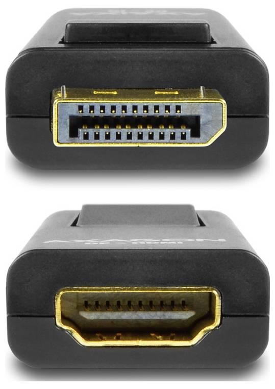 Dva pohledy na černý HDMI adaptér se zlatě lemovanými porty: DisplayPort samice nahoře a HDMI samice dole.