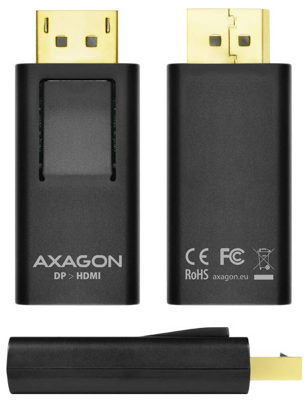 Adaptér Black Axagon DP na HDMI zobrazený v pohledu zepředu, zezadu a ze strany se zlatými konektory a vytištěným značením.