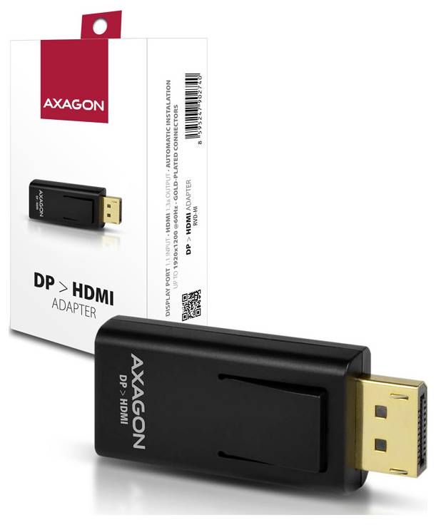 Adaptér Axagon DP na HDMI zobrazený před svým maloobchodním balením, černý se zlatým konektorem.