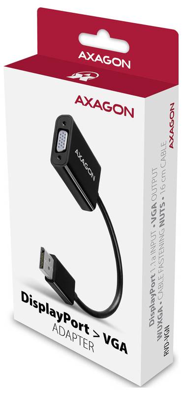 AXAGON adaptér DisplayPort na VGA balení zobrazující černý kabelový adaptér pro připojení zařízení DisplayPort k VGA displejům.
