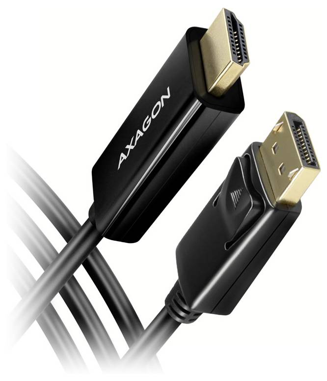 Dva černé kabely AXAGON HDMI se zlatě pokovanými konektory na bílém pozadí.