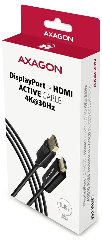 AXAGON DisplayPort na HDMI aktivní kabel v balení, označený 4K@30Hz a 1,8 m, s obrázkem produktu a specifikacemi.