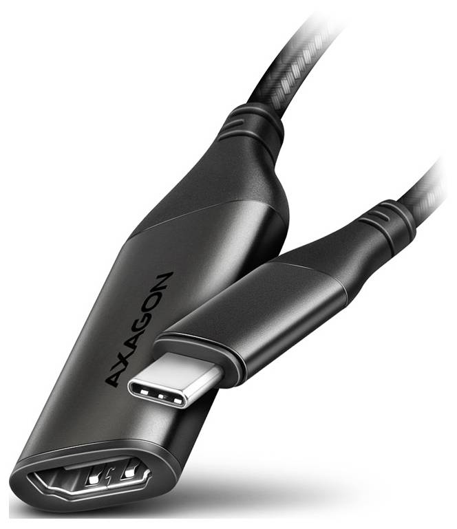 Zblízka AXAGON adaptérového kabelu USB-C s jedním konektorem USB-C a jedním standardním portem USB.