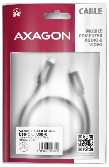 AXAGON obal na kabel pro USB-C na USB-C kabel, označený pro mobilní zařízení, počítače, audio a video použití, s podrobnostmi produktu a QR kódem.