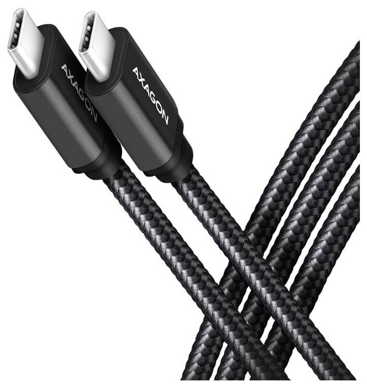 Černý pletený kabel USB-C na nabíjení se dvěma konektory na bílém pozadí, zobrazen zkříženě v produktovém stylu fotografie.