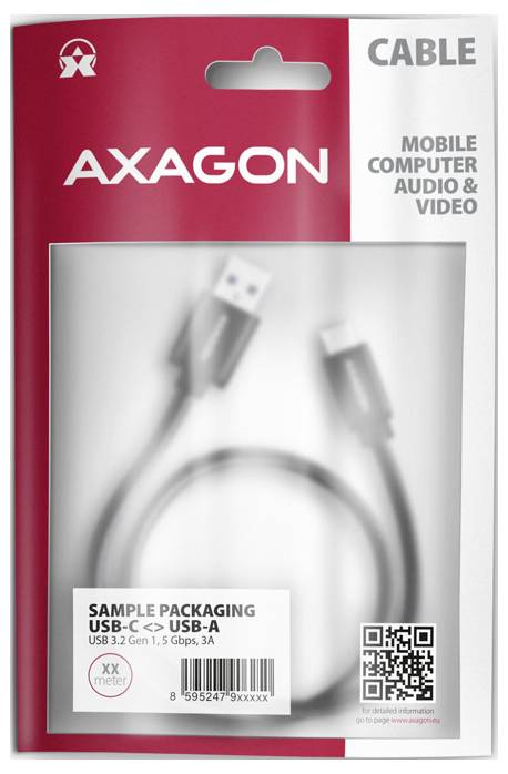 Kabel AXAGON USB-C na USB-A v maloobchodním balení, označený 'CABLE' pro použití s mobilními zařízeními, počítači, audiozvučením a videem.