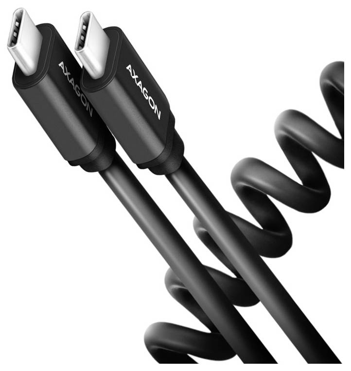 Dva černé kabely AXAGON USB-C s úhlovanými konektory a kroucenými segmenty kabelů na bílém pozadí.