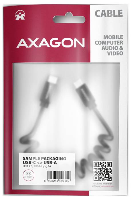 Vzorková krabička kabelu AXAGON USB-C na USB-A, označená „KABEL" pro mobilní zařízení, počítače, audio a video, s QR kódem a čárovým kódem.