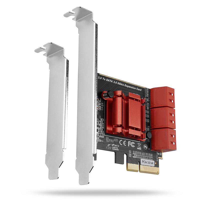PCIe SATA rozšiřovací karta se dvěma kovovými pouzdry držáků, červenými SATA porty a zlatým konektorem na bílém pozadí.
