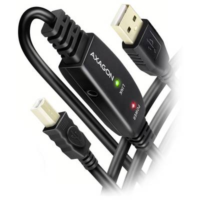 Kabel USB prodlužovací s vestavěným zesilovačem AXAGON, ukazující konektory USB-A a zelené indikátory 'LINK' a červené 'POWER'.