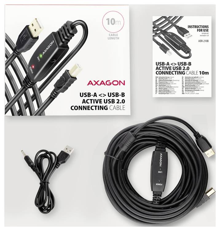 Obrázek produktu aktivního USB kabelu AXAGON USB-A na USB-B pro USB 2.0, dlouhého 10 m, zobrazený svitý s obalem a pokyny.